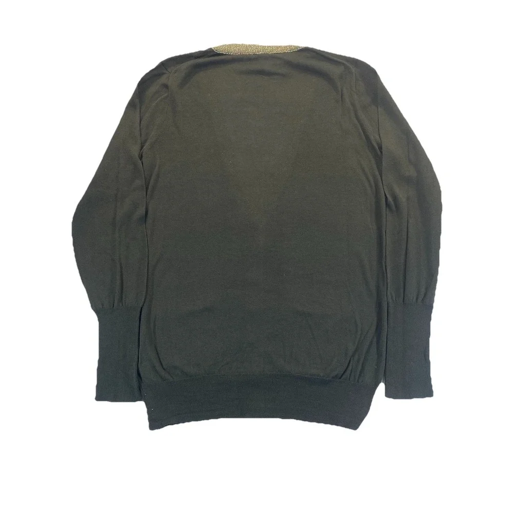 J. Crew Cardigan‎ Sweater Women's M Olive Metallic Gold Trim Cotton Wool